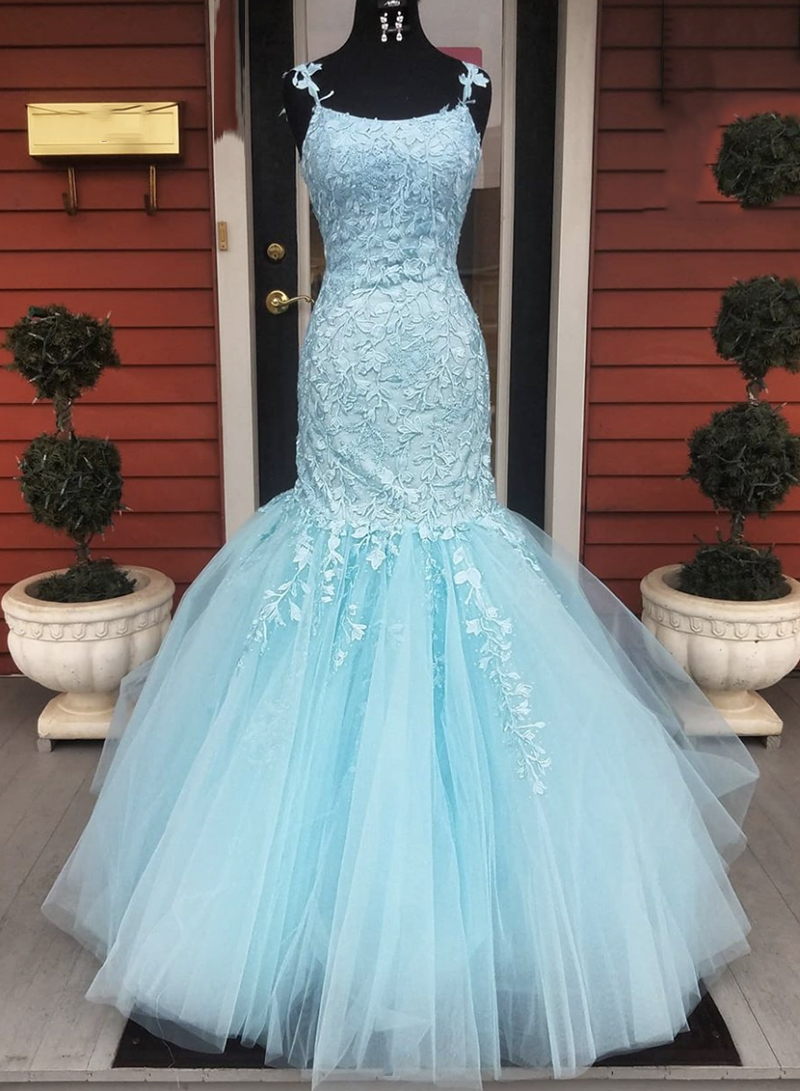 Blue Lace Long Prom Dress Mermaid Evening Dress