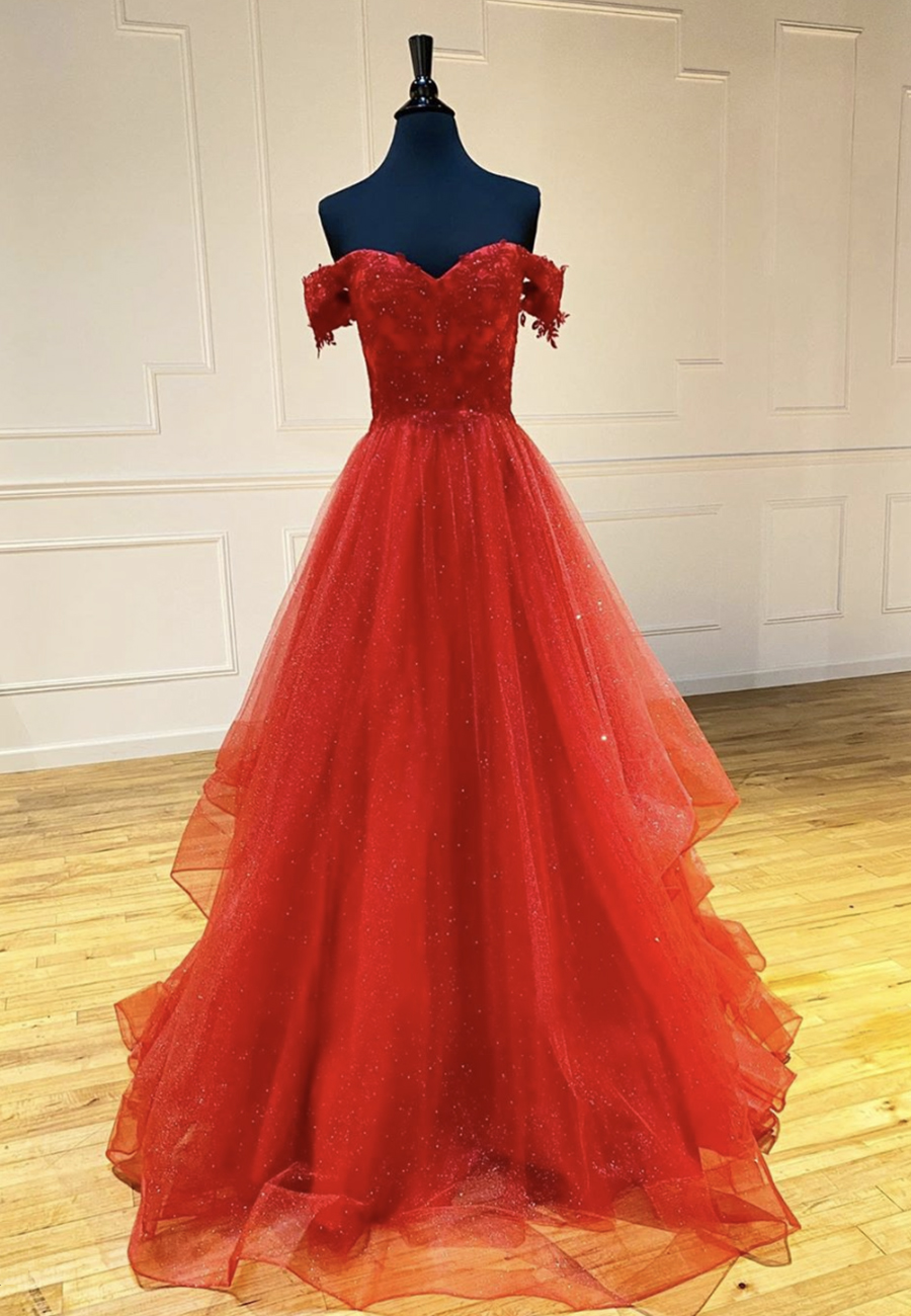 Red Tulle Lace Long Prom Gown Evening Dress