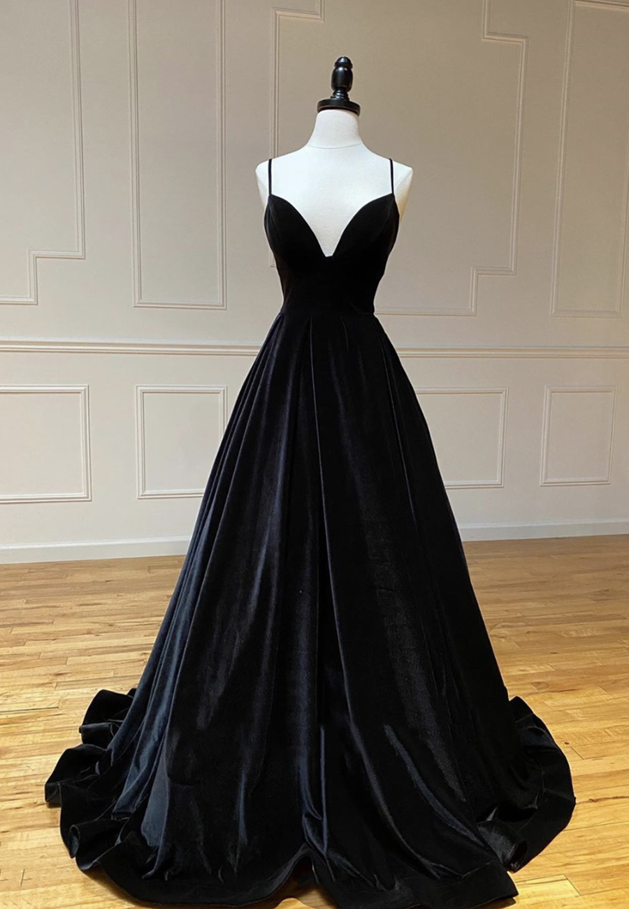 Black V Neck Velvet Prom Dress Evening Dress