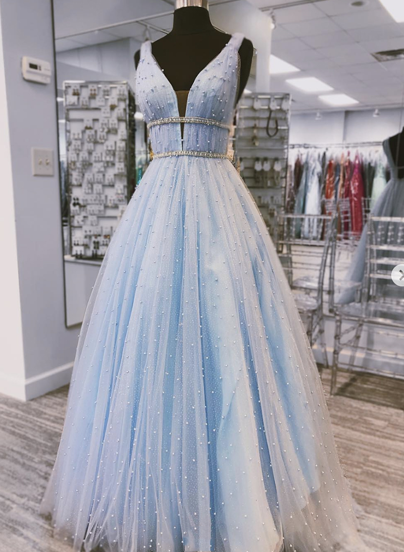 Light Blue Tulle Pearl Long Prom Dress Formal Dress
