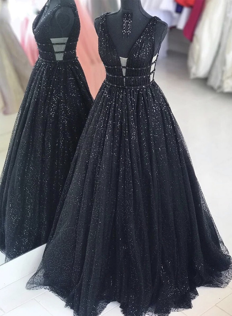Black V Neck Tulle Sequins Long Prom Dress