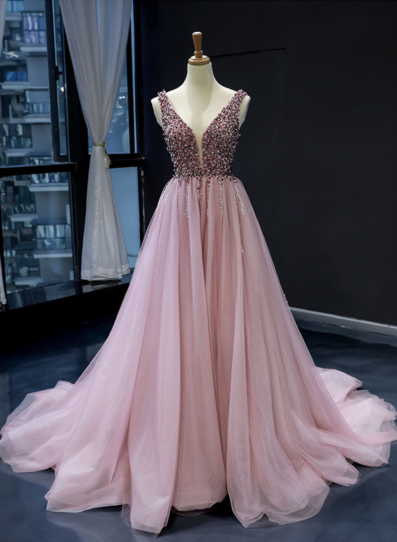 Pink V Neck Tulle Beads Long Prom Dress Evening Dress