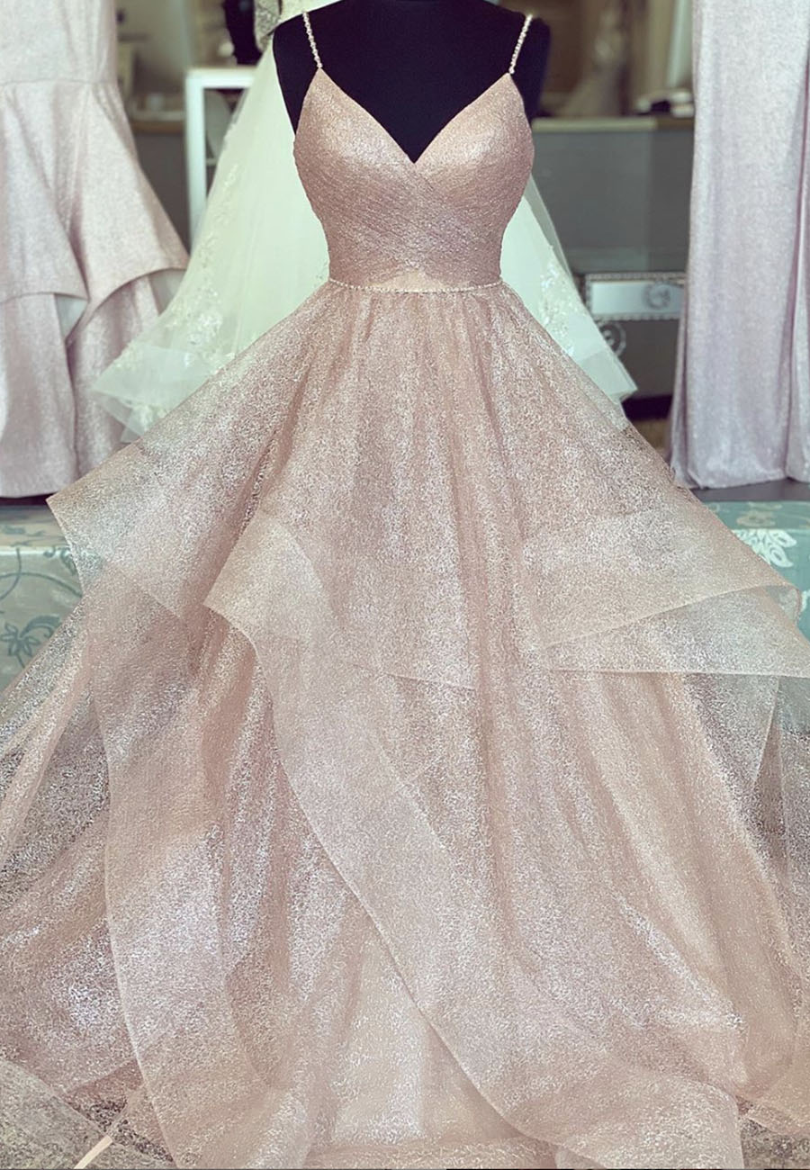 Elegant Taupe Pink V-Neck Short-Sleeve Prom Dress with Sequins | Ballbella