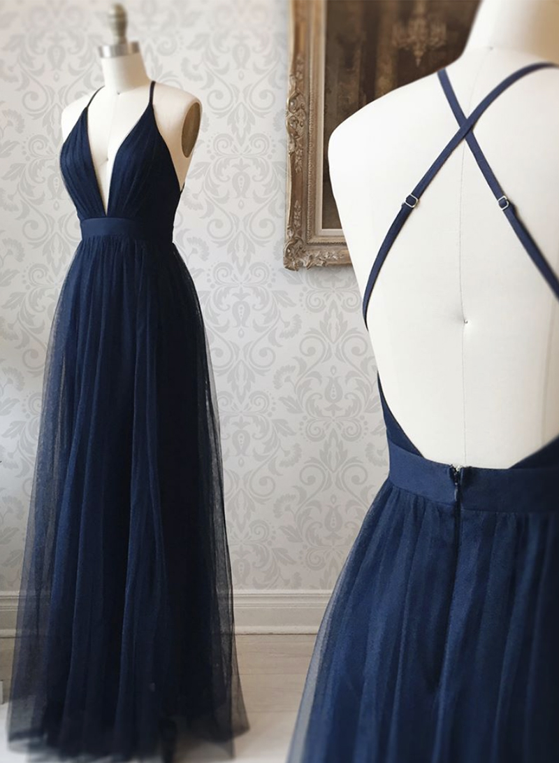 Dark Blue V Neck Tulle Long Prom Dress