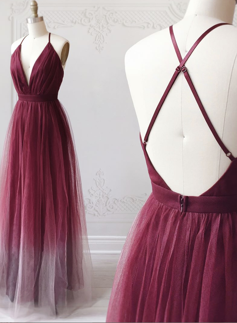 Burgundy V Neck Tulle Long Prom Dress