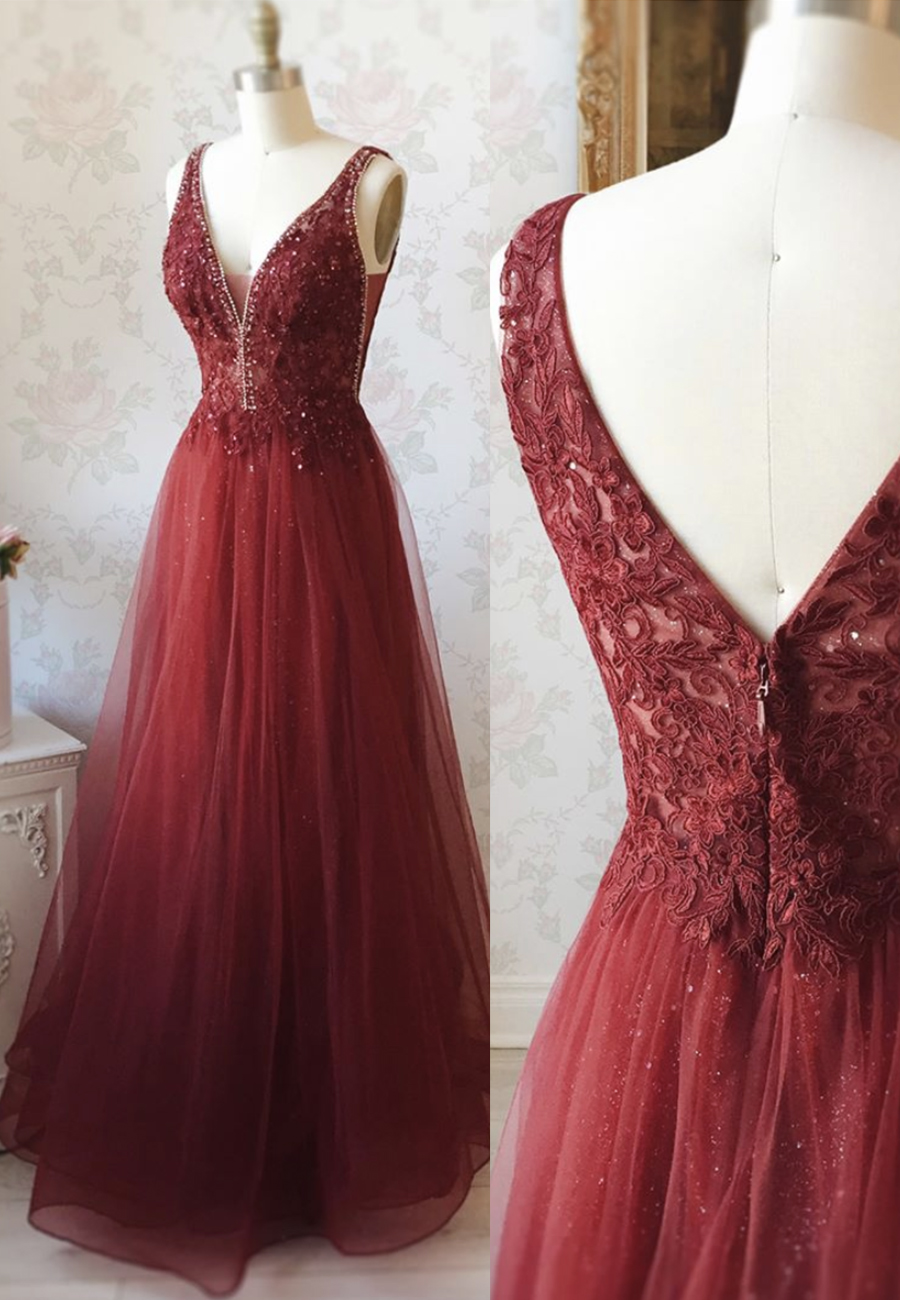 Burgundy Lace Tulle Long Prom Dress Evening Dress