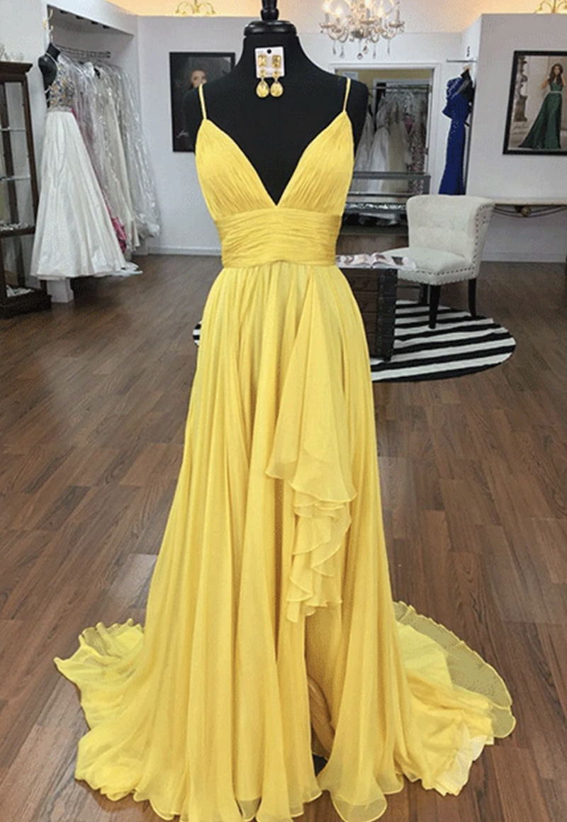 Yellow V Neck Chiffon Long Prom Dress