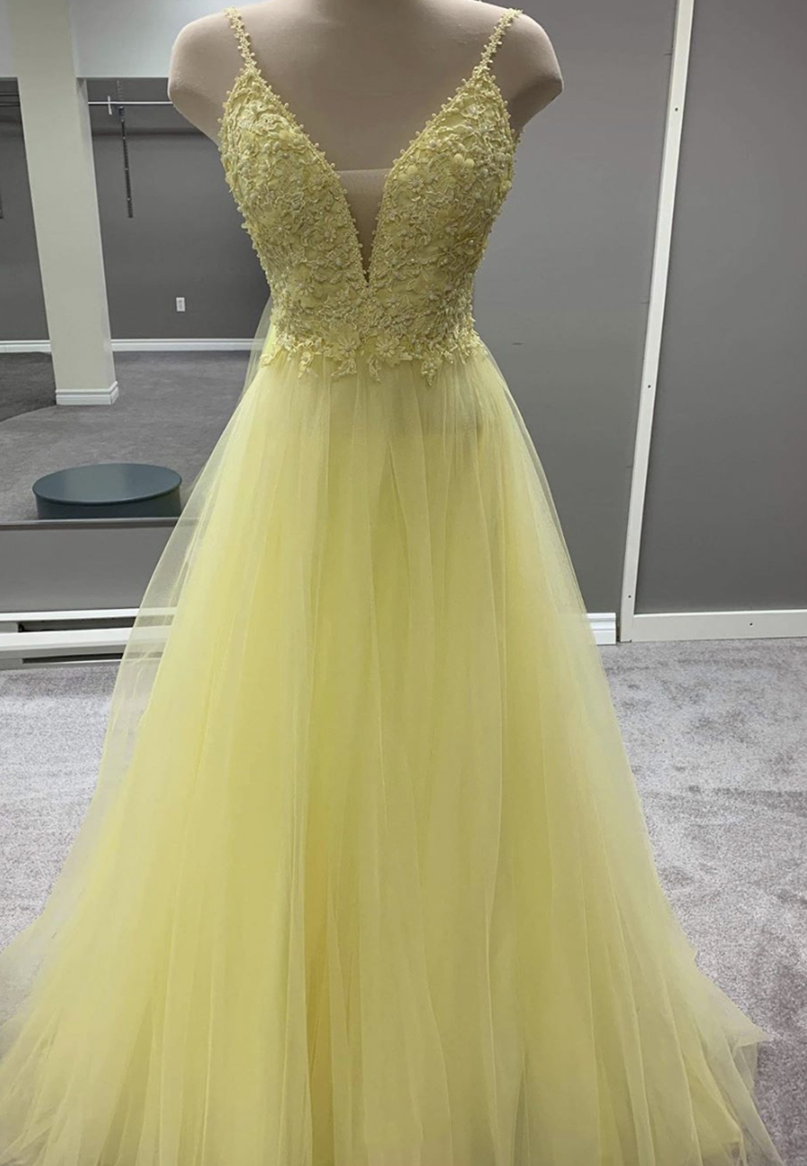 Yellow V Neck Tulle Lace Long Prom Dress