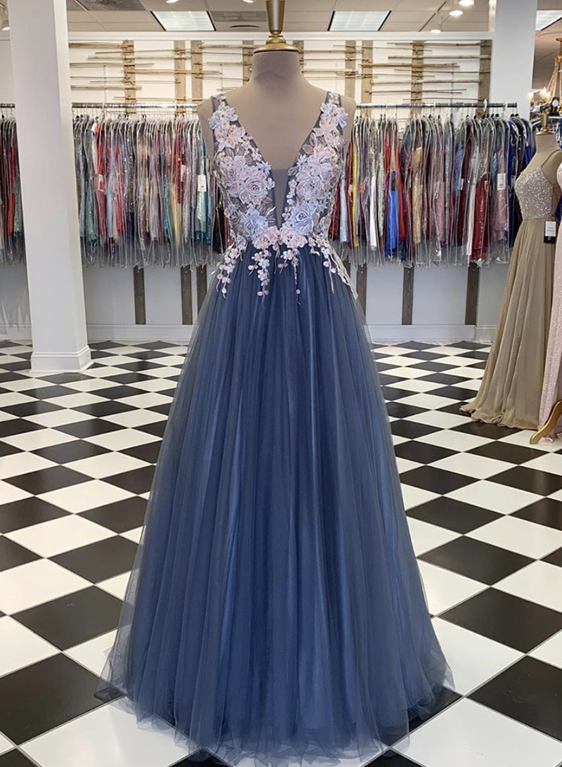 Gray V Neck Tulle Lace Long Prom Gown Evening Dress