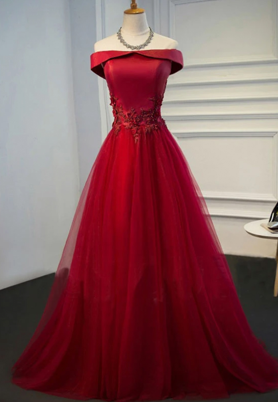 Burgundy Tulle Lace Long Prom Dress Formal Dress