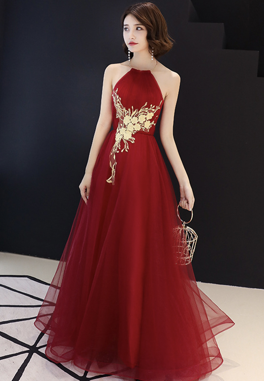Burgundy Lace Tulle Prom Dress Evening Dress
