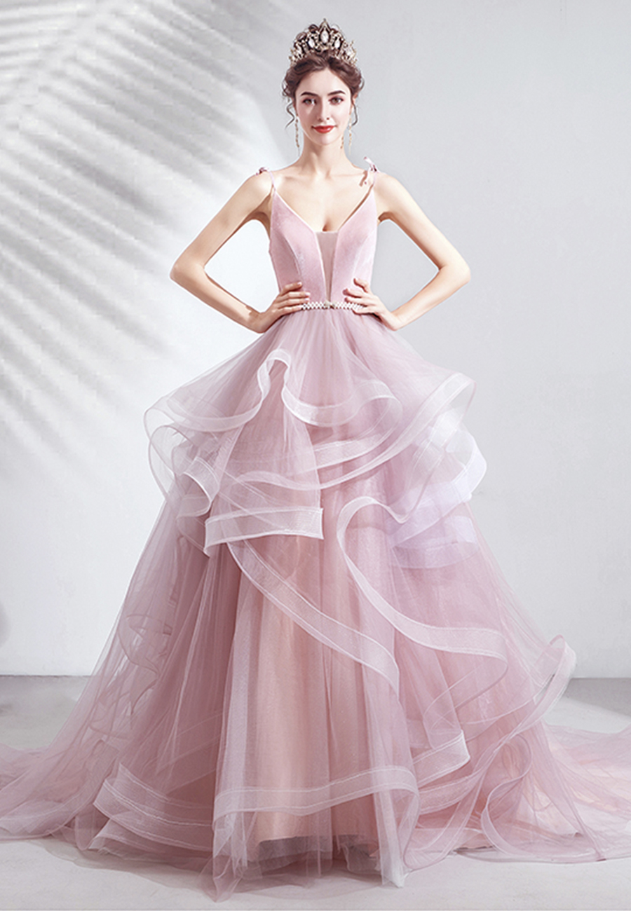Pink V Neck Tulle Long Prom Dress Sweet 16 Dress