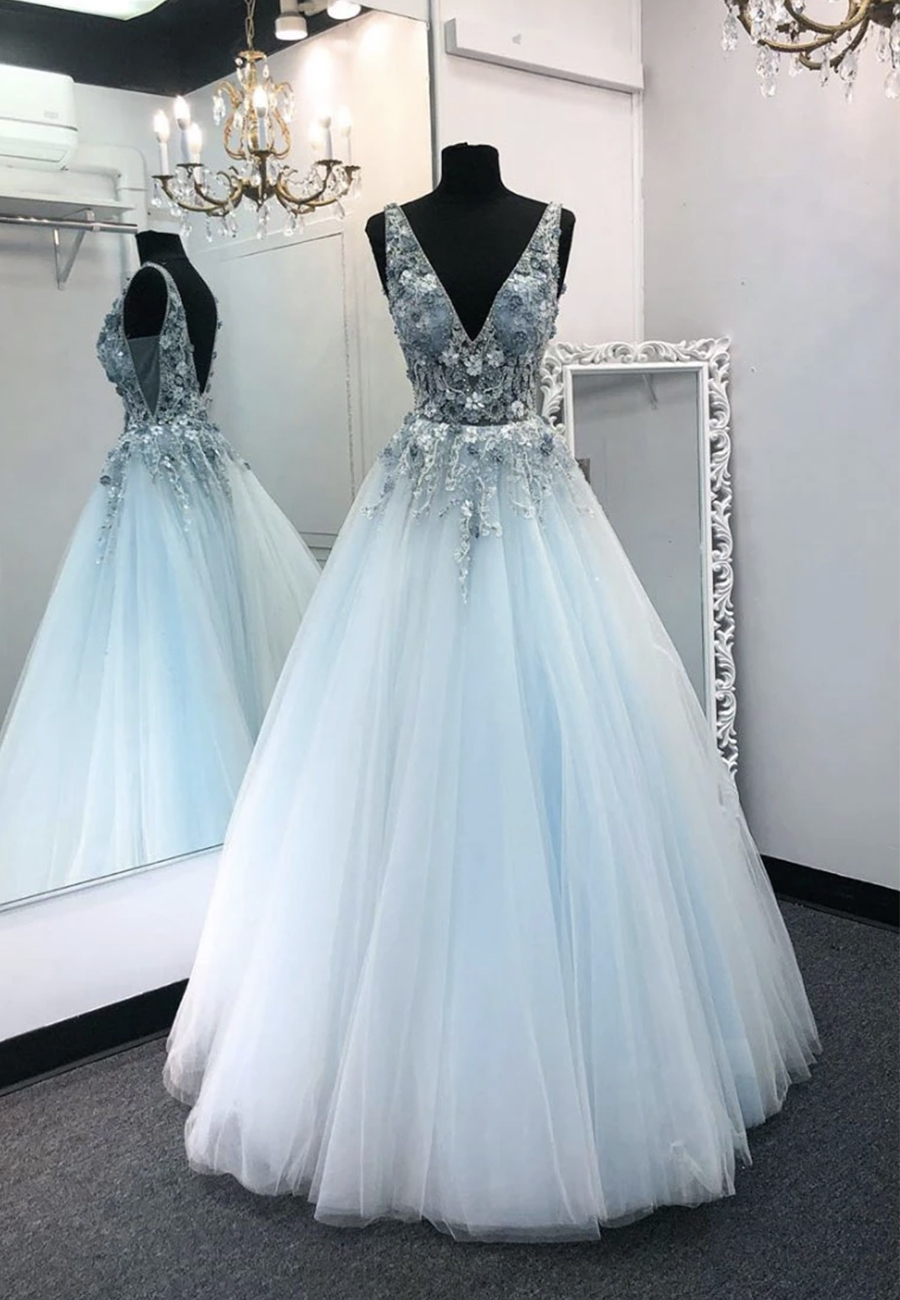 Blue V Neck Tulle Lace Prom Dress Formal Dress