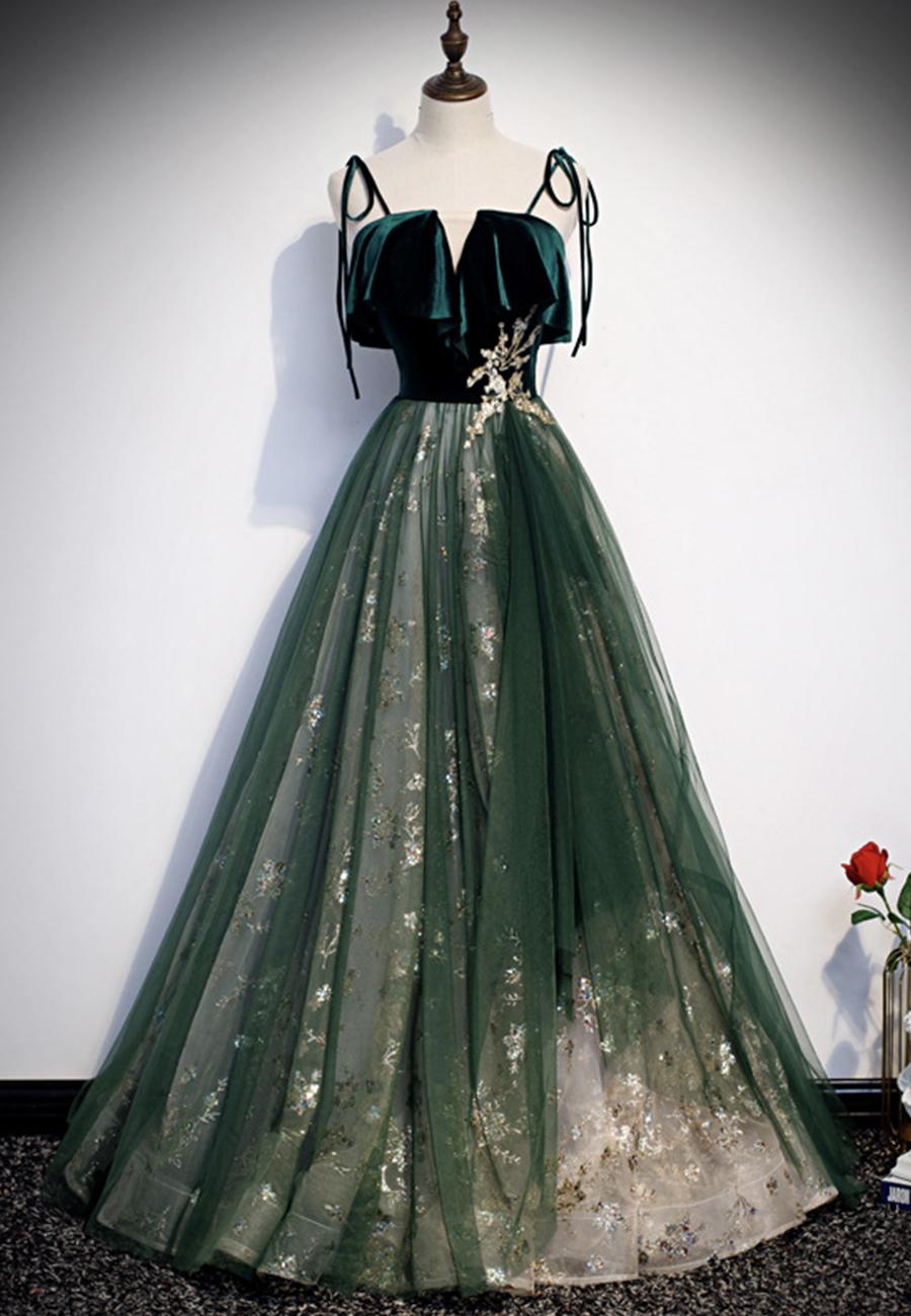 Green Velvet Sequins Prom Dress Green Formal Dress