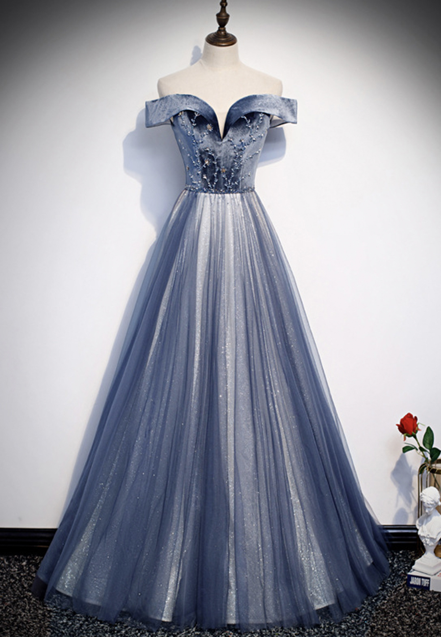 Blue Velvet Beads Prom Dress Blue Formal Dress