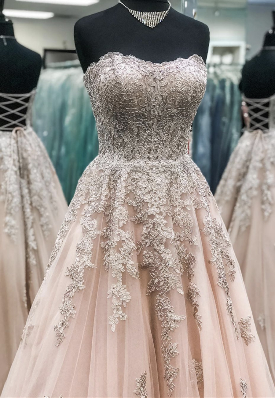 A Line Lace Strapless Prom Dress Evening Dress