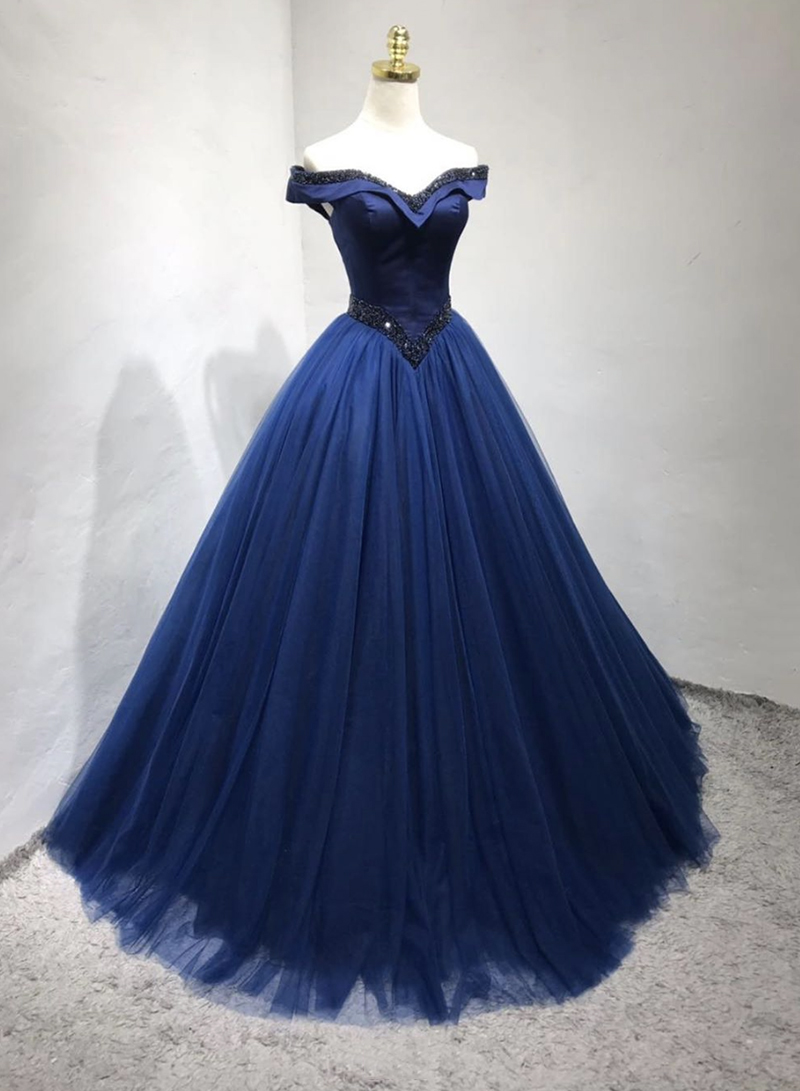 Blue tulle long prom dress blue evening dress
