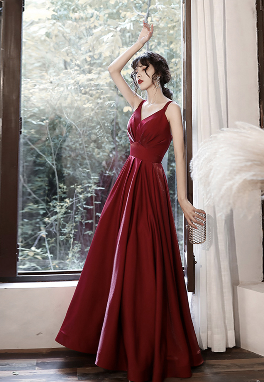 Burgundy Prom Dress Deep V Neck Tiered Satin Evening Dress Formal Dress,DP428