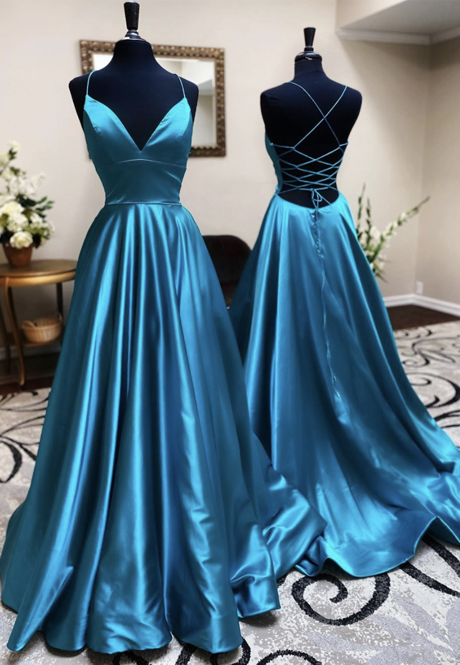 Simple V Neck Satin Long Prom Dress Blue Evening Dress