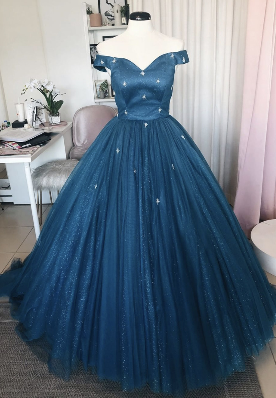 Blue tulle long prom gown blue evening dress