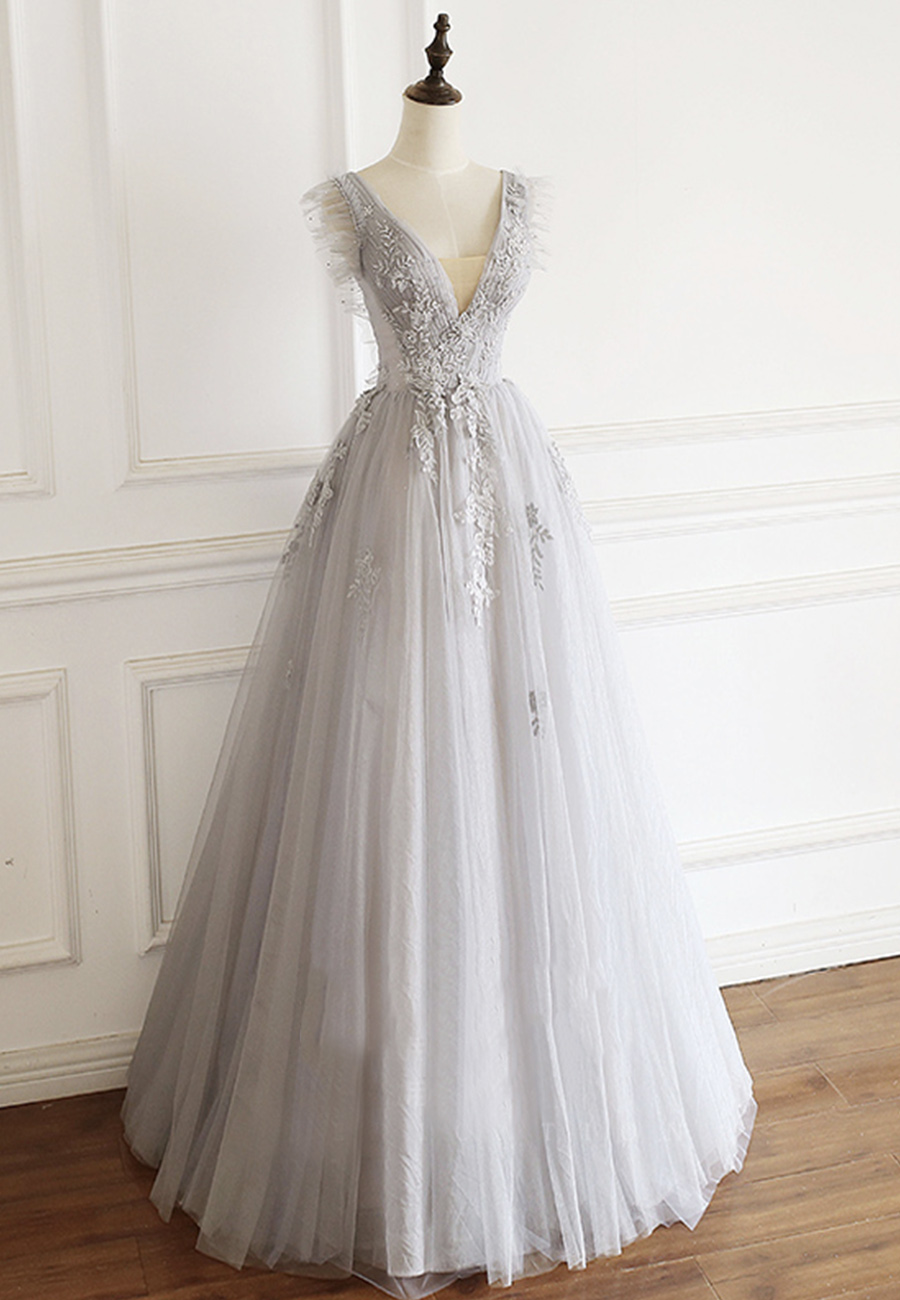 Gray V Neck Tulle Lace Long Prom Gown Women Fashion
