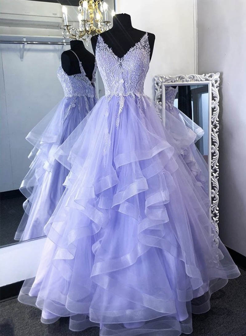 Purple Tulle Lace Long Prom Gown Formal Dress