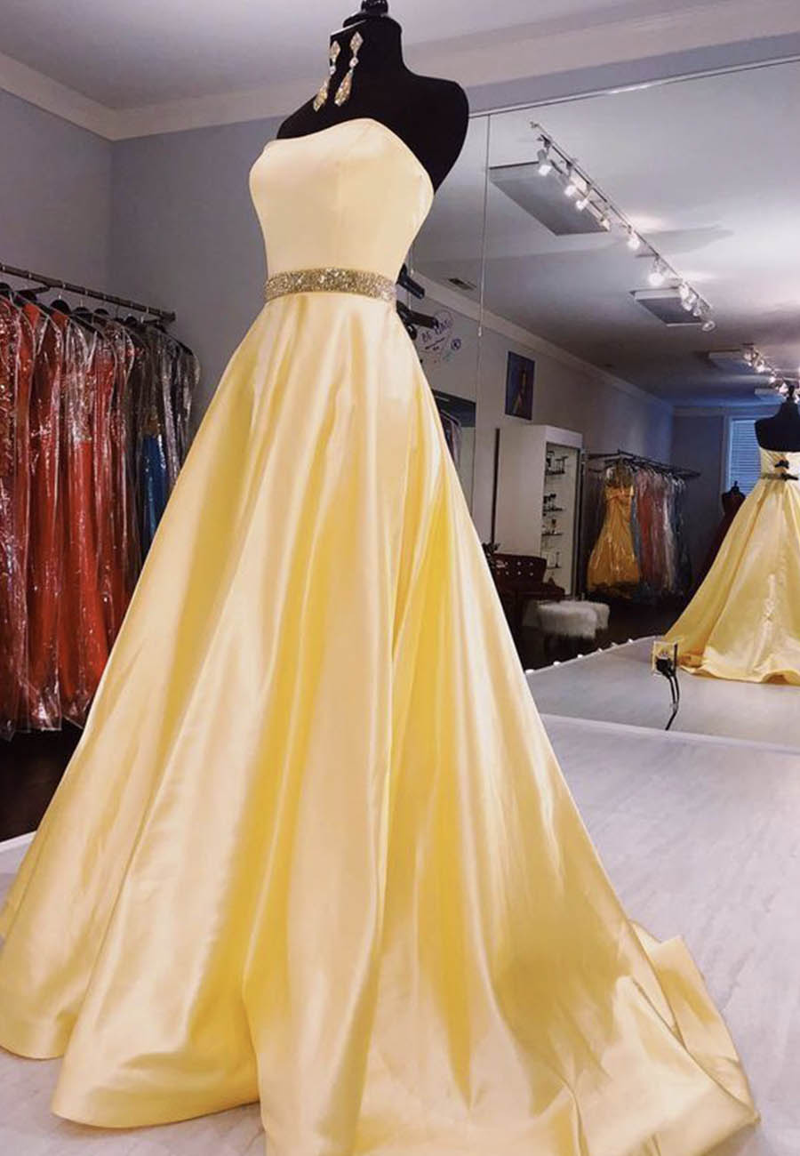 Yellow Satin Long Prom Dress Evening Dress