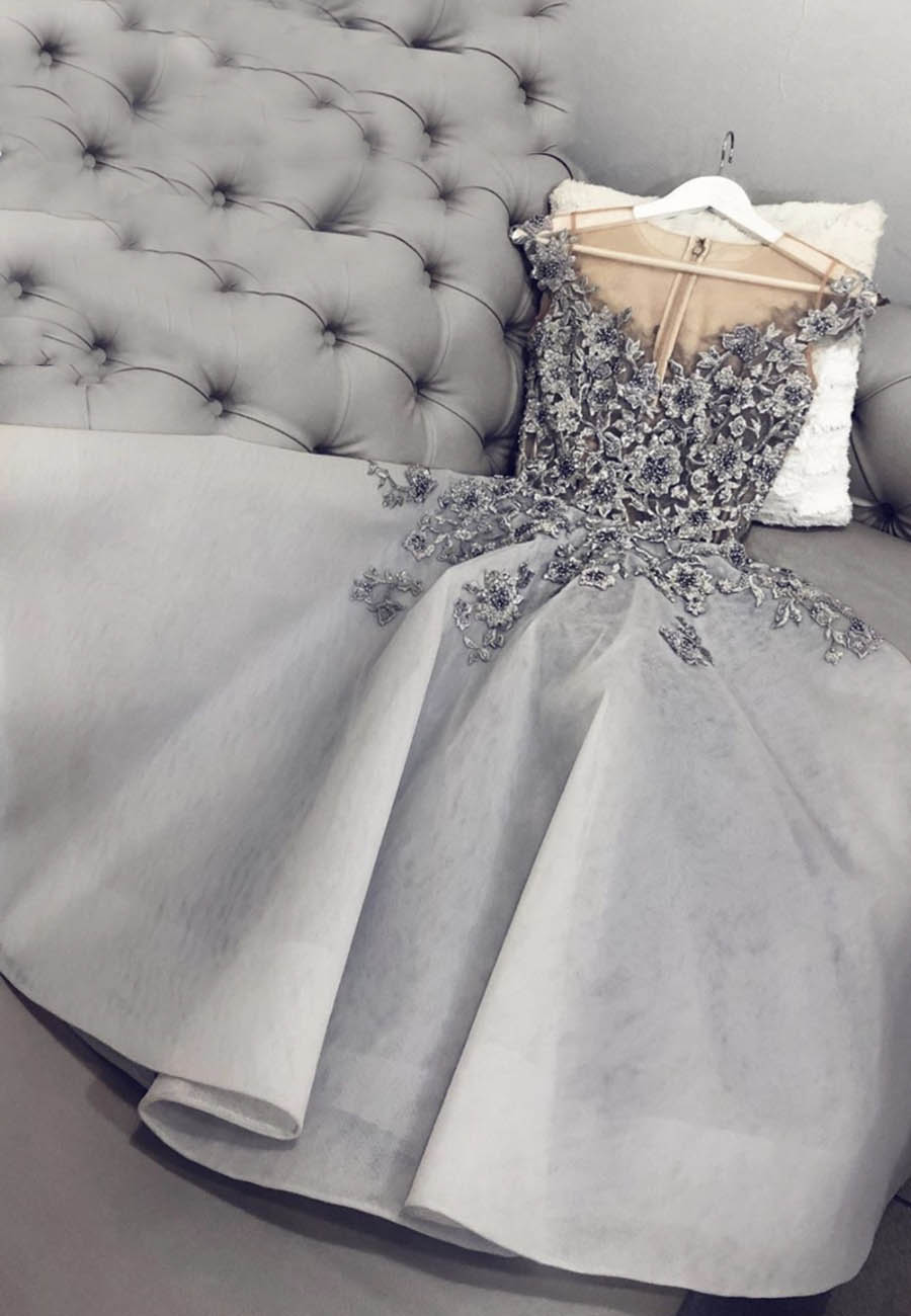 Gray Tulle Appliqué Short Prom Dress Hoco Dress