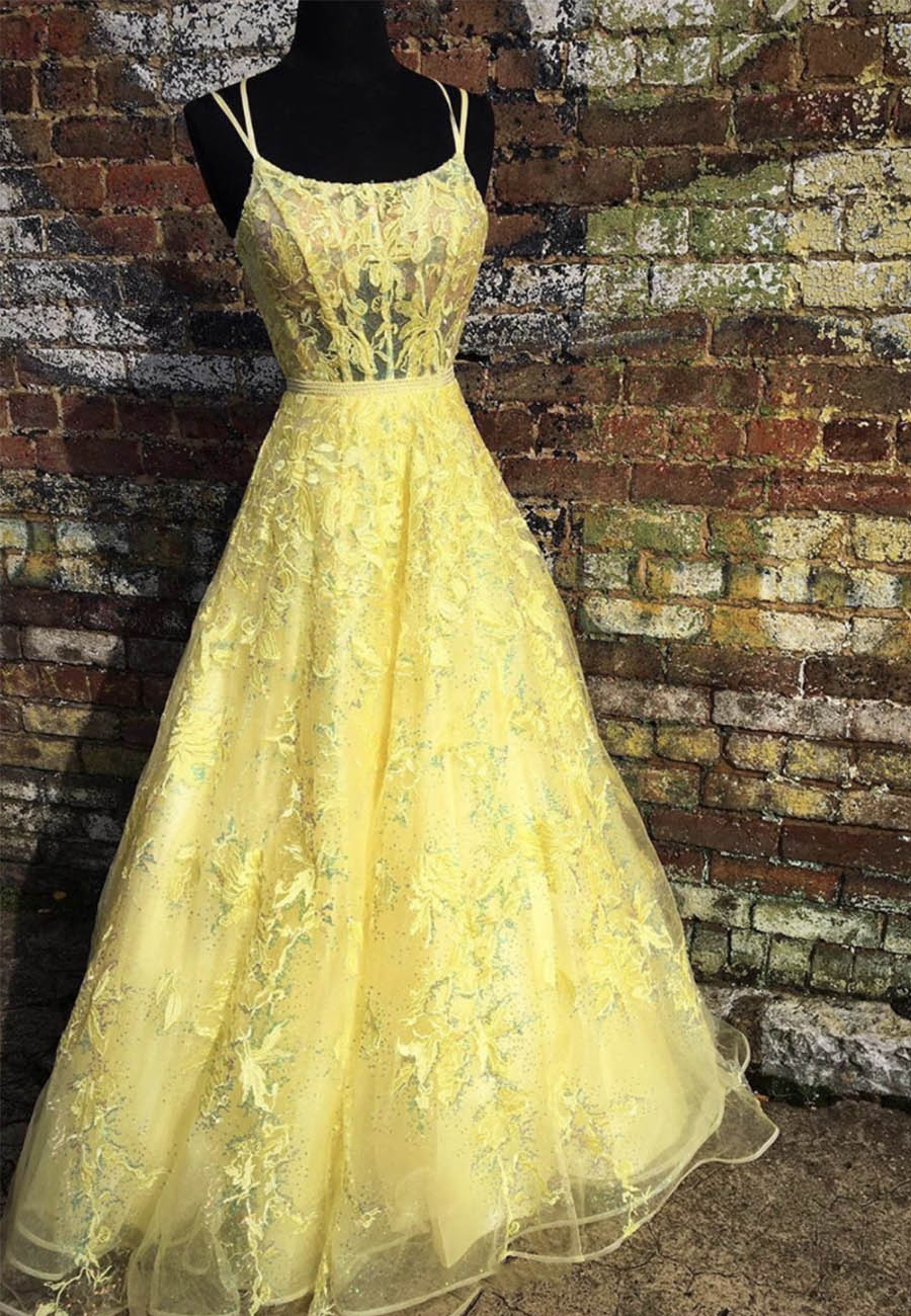 Yellow Tulle Lace Long Prom Dress Evening Dress