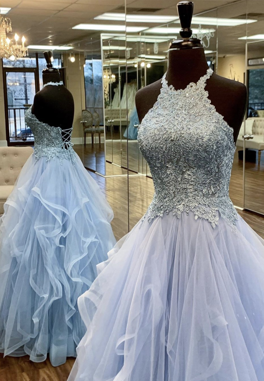 Blue Tulle Lace Long Prom Gown Formal Dress