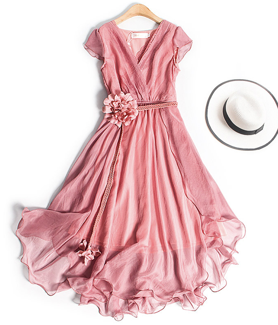 Pink V Neck Soft Chiffon Dress Summer Dress