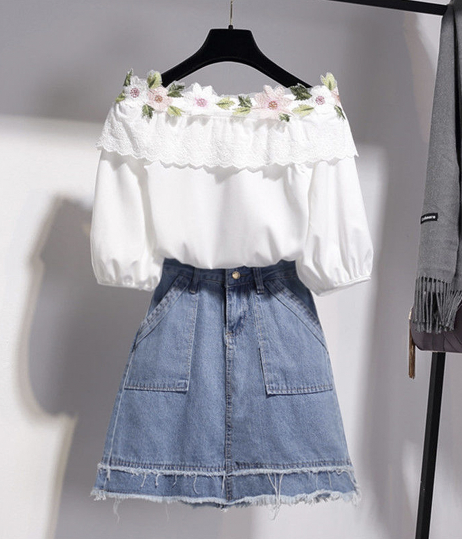 Sweet White Flower Top + Denim Skirt