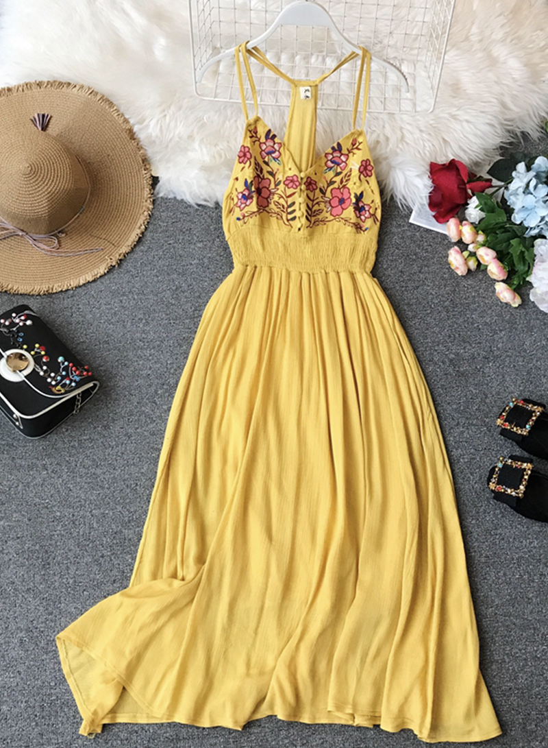 A Line V Neck Embroidered Long Dress Summer Dress on Luulla