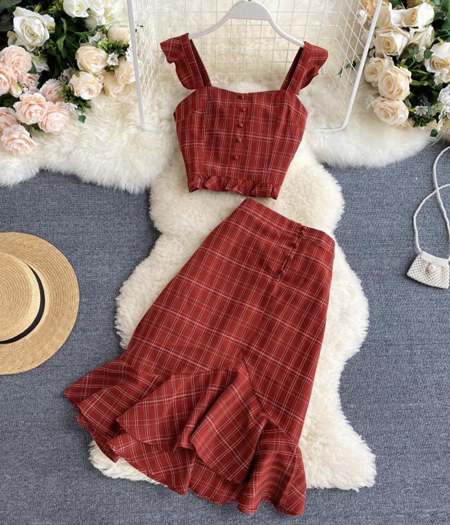 Stylish slim two-piece lattice set summer dress
