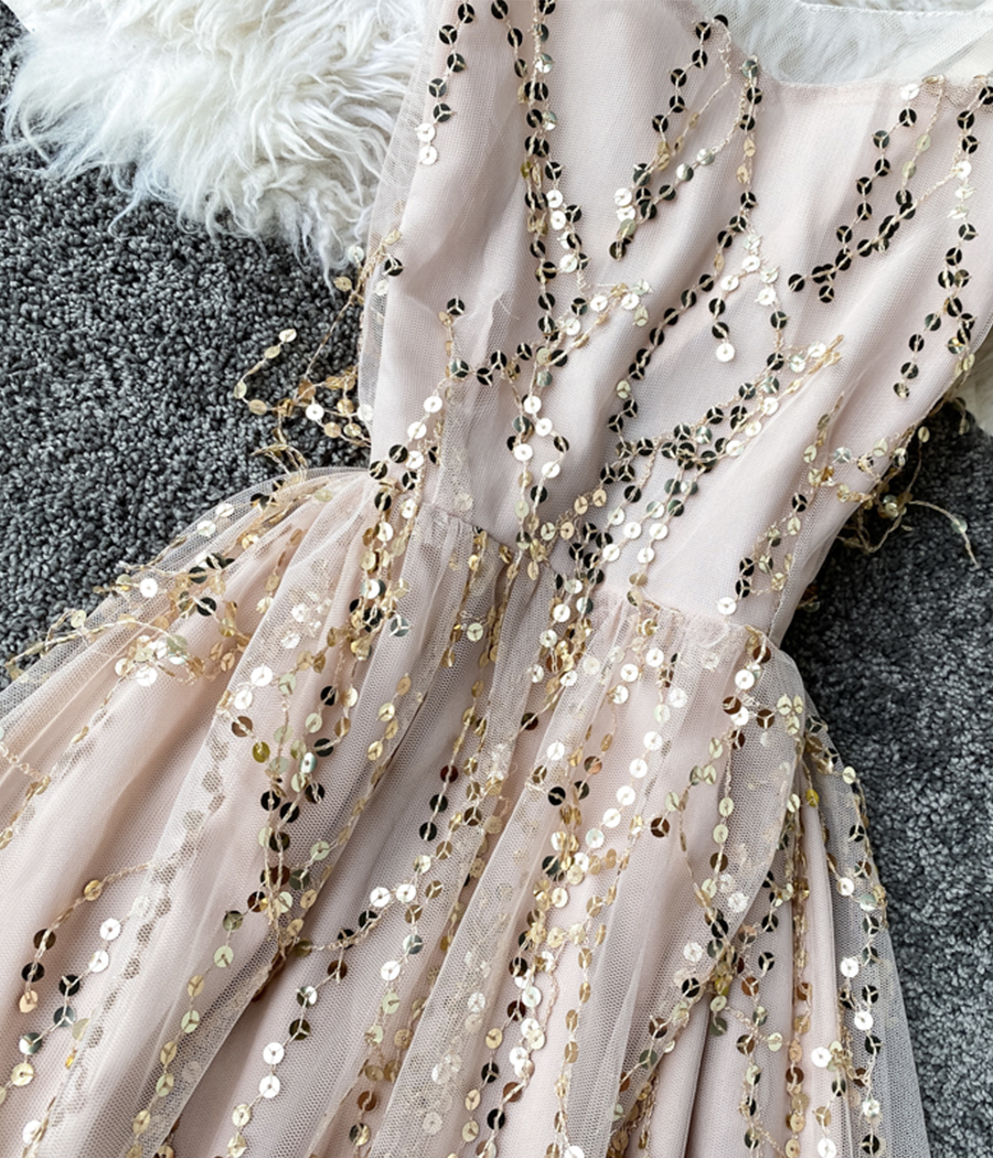 Stylish v neck tulle sequins short dress party dress  1131 main image 1