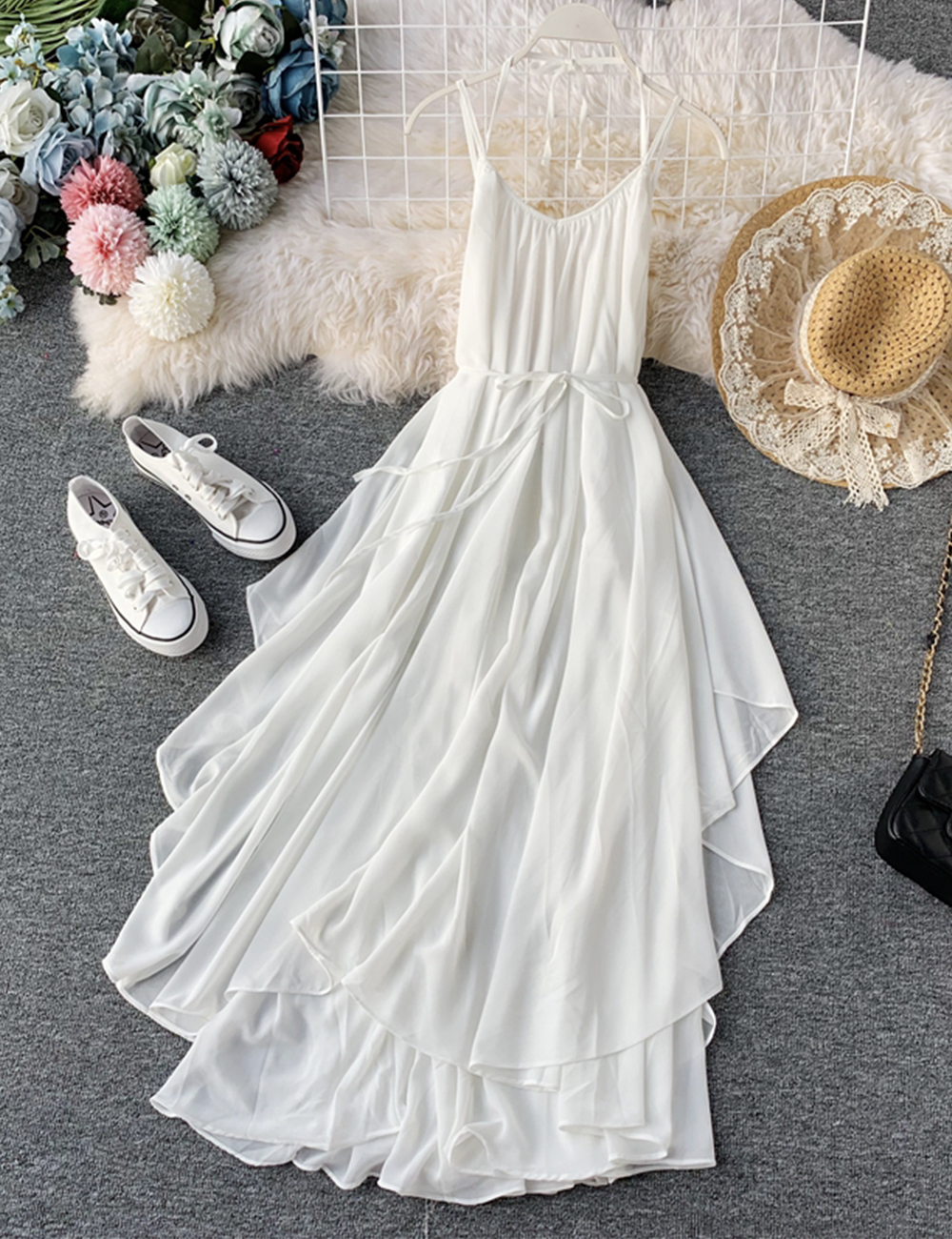 White Chiffon Backless Dress A Line Summer Dress on Luulla