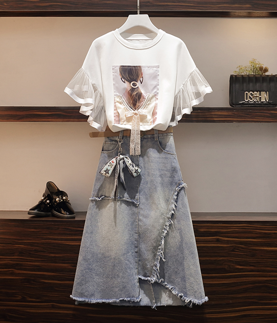 Fashion girl suit T-shirt+denim skirt