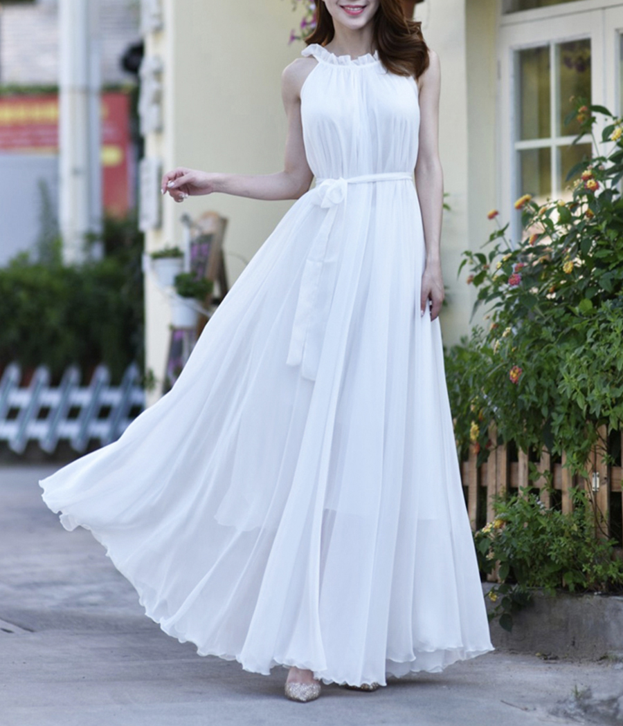 White Chiffon Long Dress Women's Dress