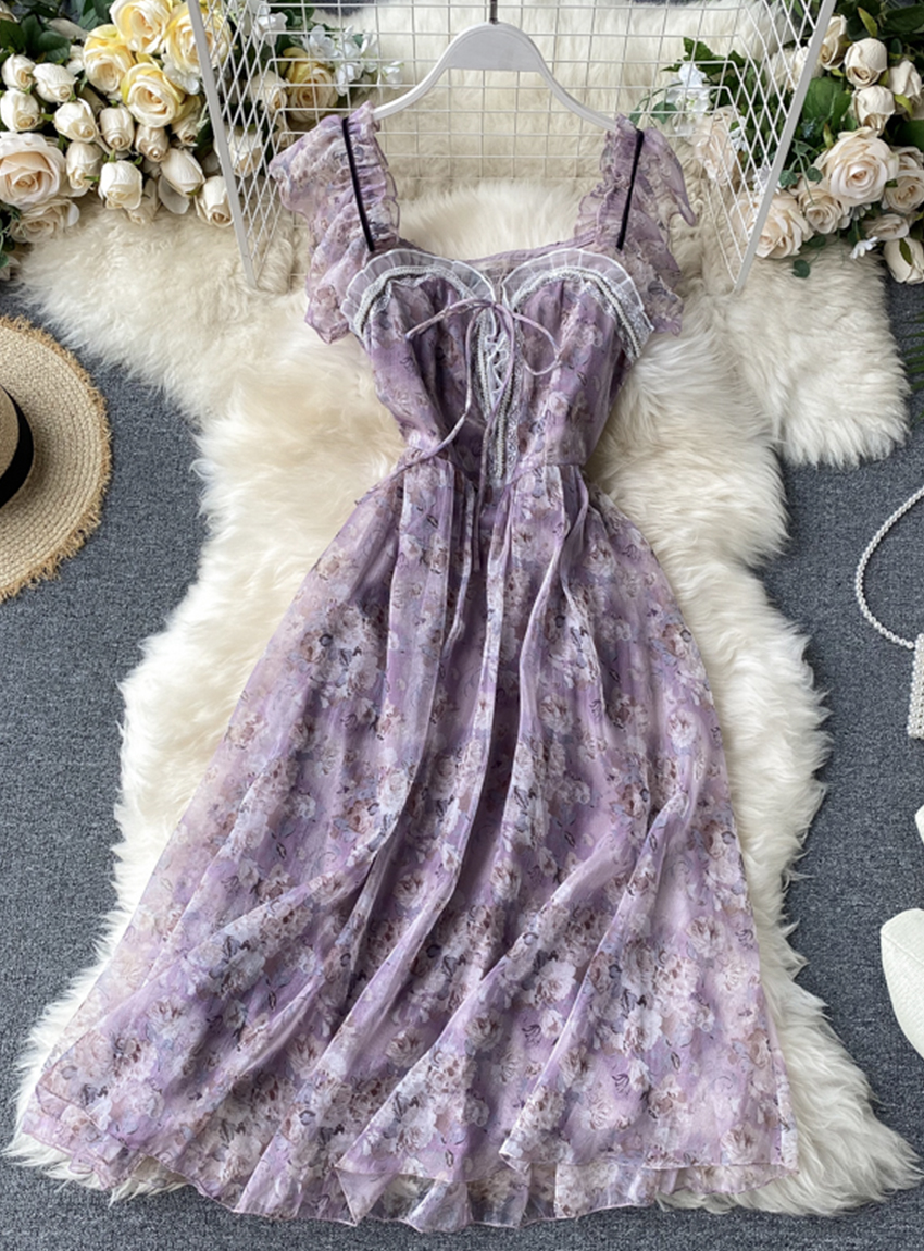 Purple Print Sleeveless Short Dress Women's Dress