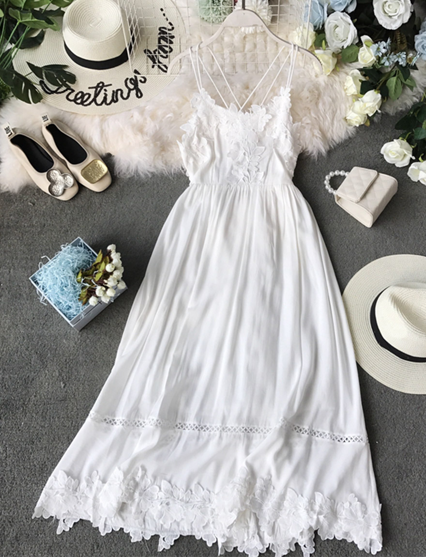 White Lace Applique Backless Dress Fashion Girl Dress