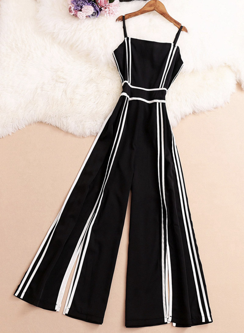 Fashionable black and white striped jumpsuit