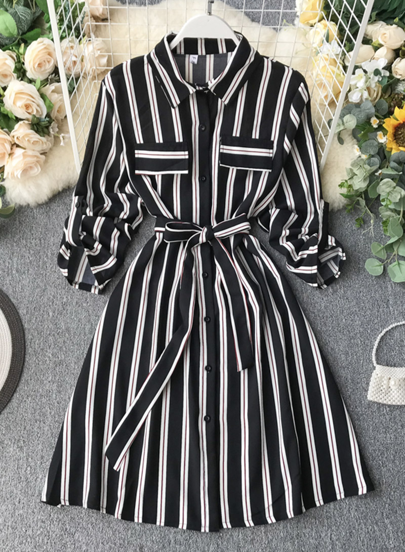 Retro striped slim dress long sleeve dress