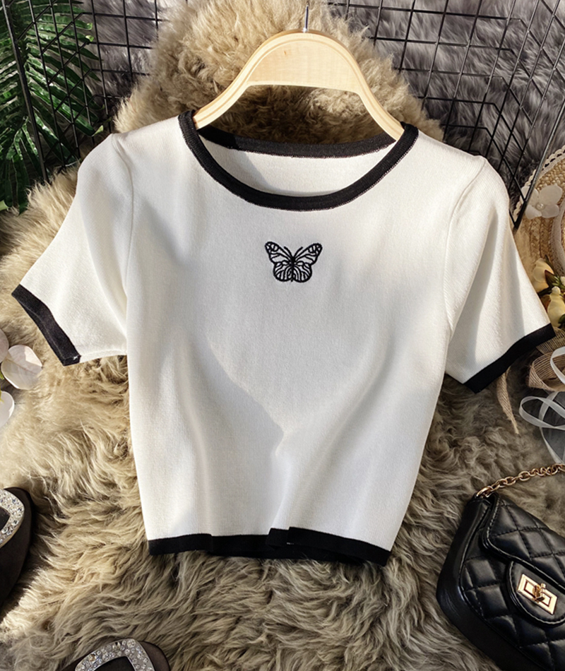 Butterfly Embroidery Contrast Color Short-sleeved T-shirt Women's White Short Knit Top