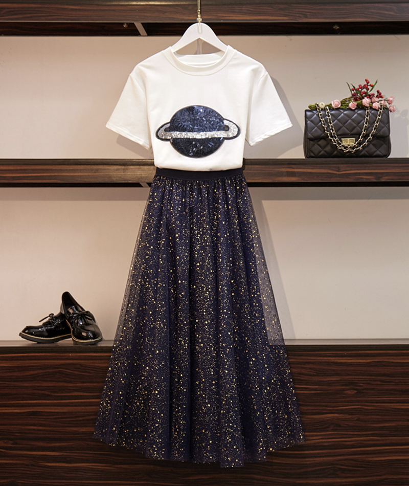 Two Pieces Set White T- Shirt With Sequins + Blue Sequins Skirt