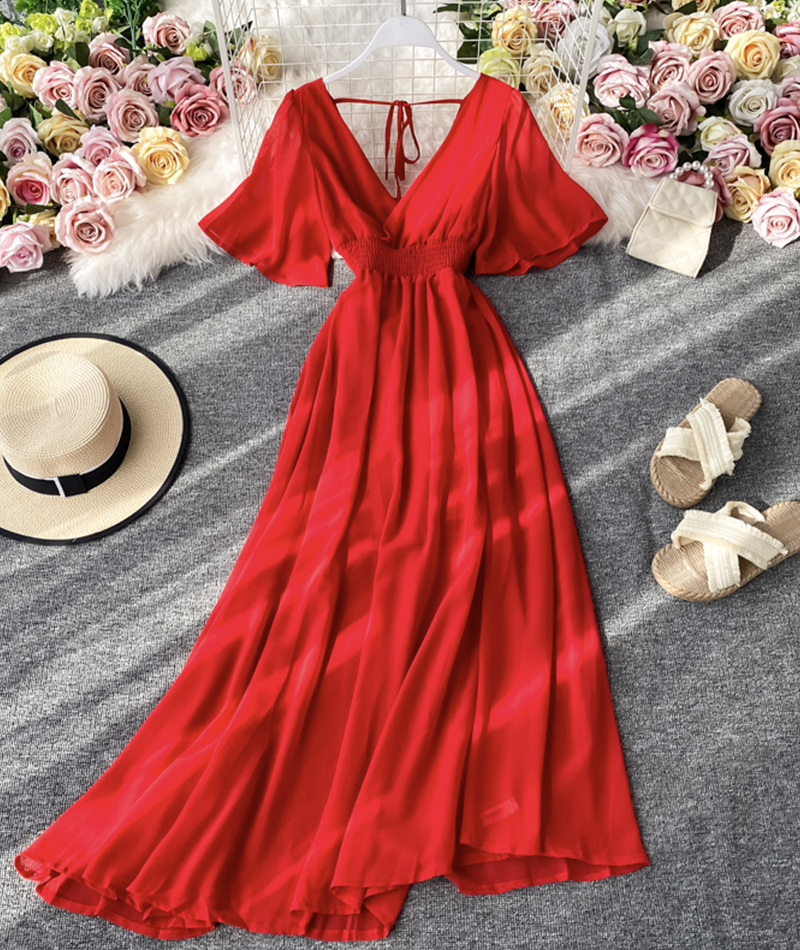 Red V Neck Short Sleeves Chiffon Dress Fashion Dress
