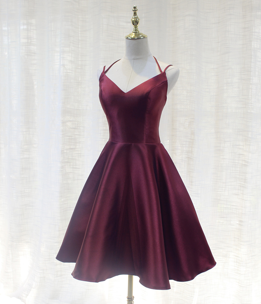 Burgundy Satin Short Prom Dress Homecoming Dress