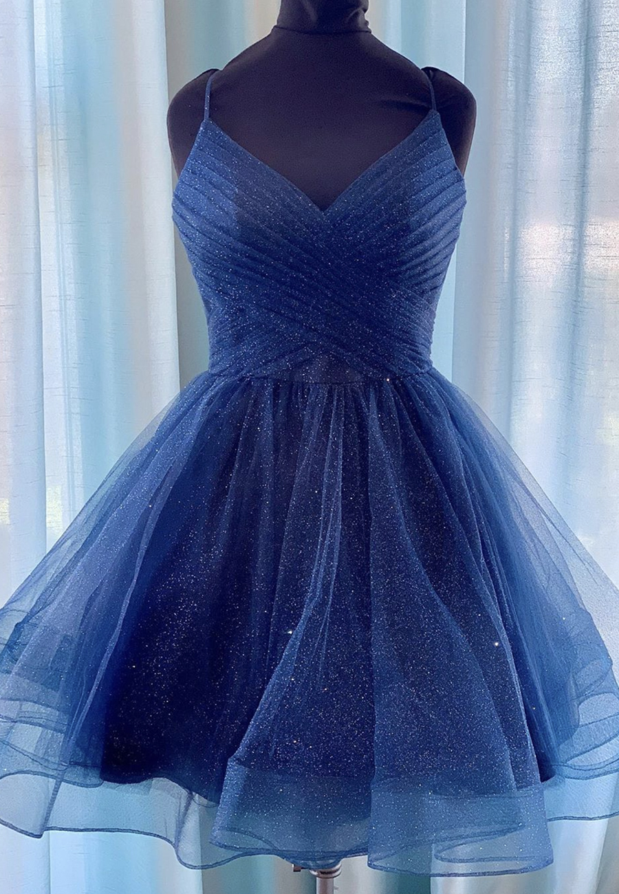 Blue V Neck Tulle Short Prom Dress Party Dress