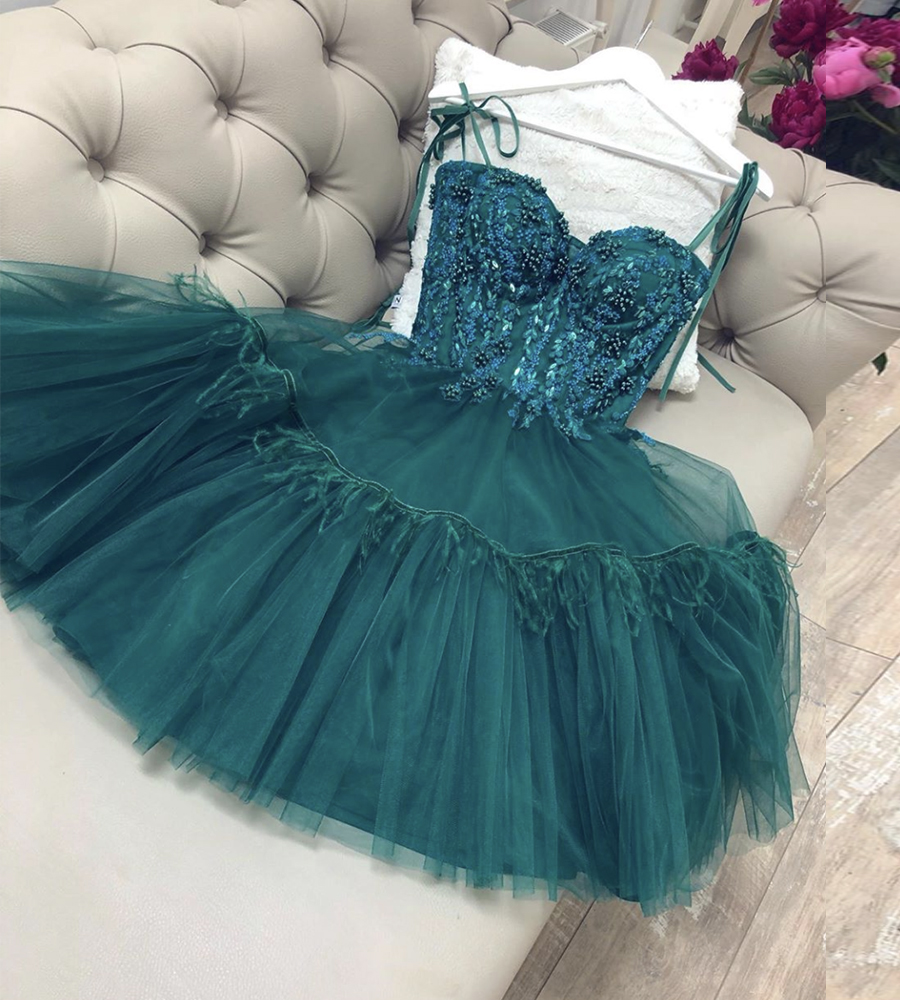 Green Tulle Lace Short Prom Dress Green Evening Dress