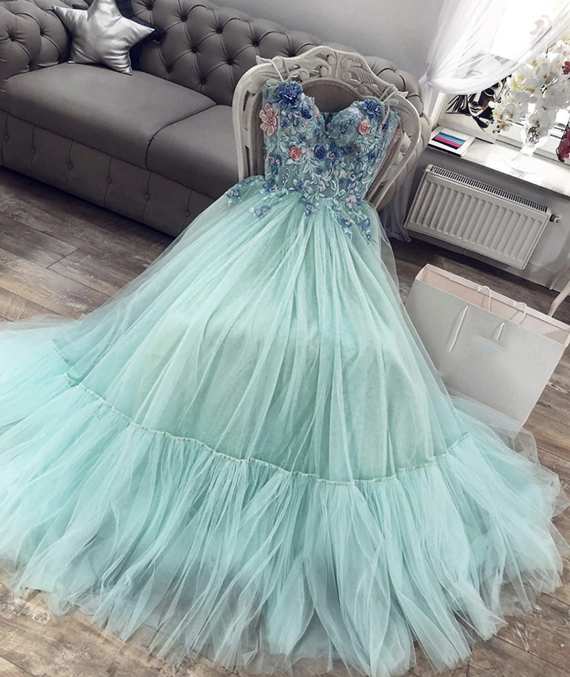 Green Tulle Lace Long Prom Dress Sweetheart Neck Evening Dress