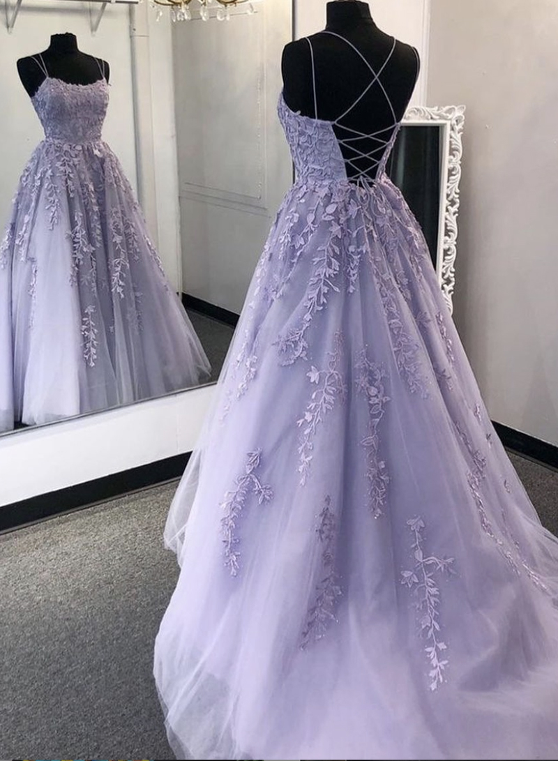 Purple Lace Tulle Long Prom Gown Evening Dress